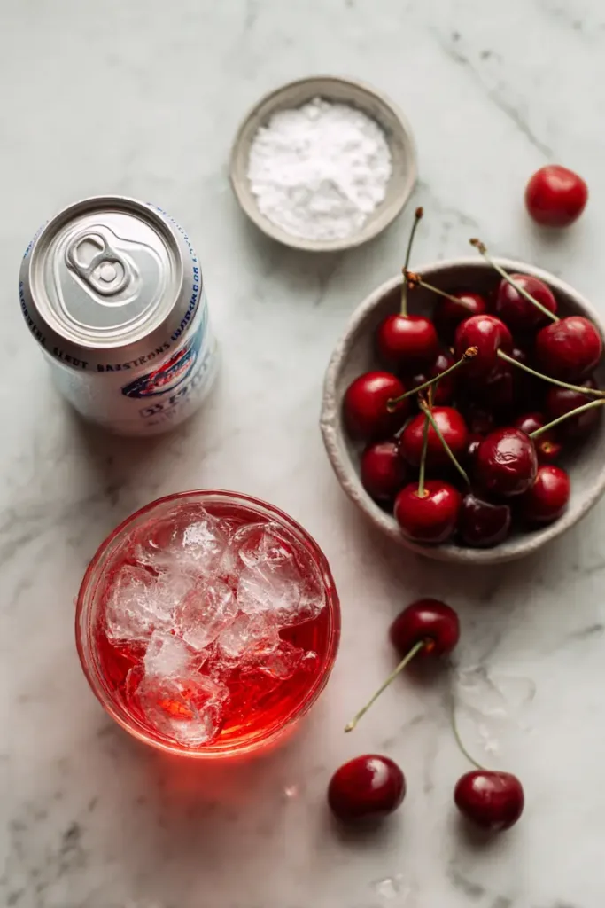 Cherry Sleep Mocktail: The Trendy Student-Friendly Drink That Helps You Wind Down 2 Cherry sleep mocktail ingredients laid out on a student dorm desk: tart cherry juice, ice, sparkling water, magnesium powder