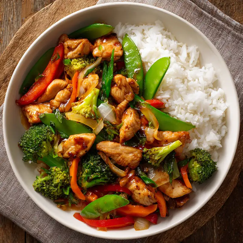 Quick chicken stir-fry with colorful frozen vegetables over a bowl of rice.