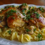 Overhead shot of one-pan chicken with buttered noodles in a skillet, garnished with parsley and Parmesan.