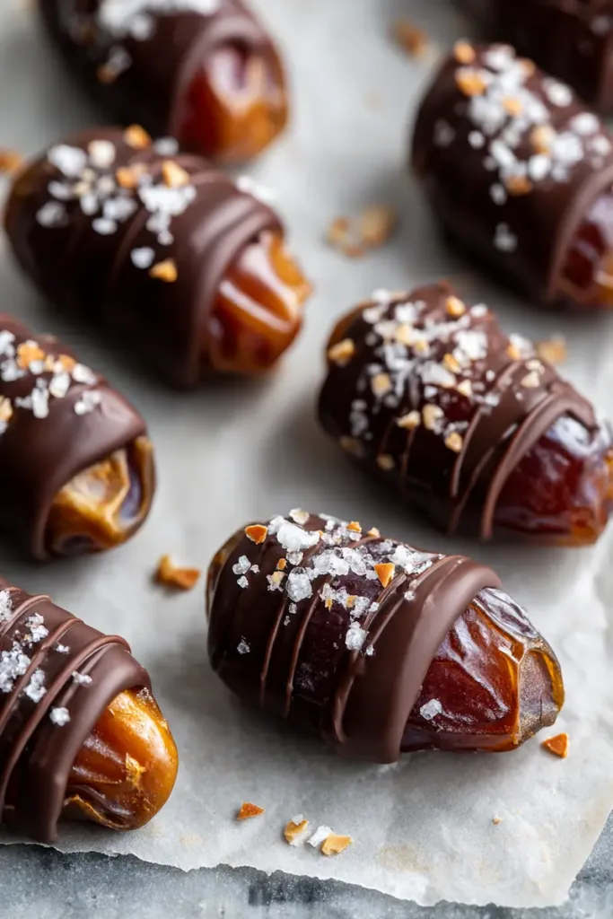 Mascarpone Stuffed Dates with Maple Drizzle — A Fancy Snack on a Student Budget! 5 Chocolate dipped mascarpone stuffed dates lined up on parchment with sea salt flakes