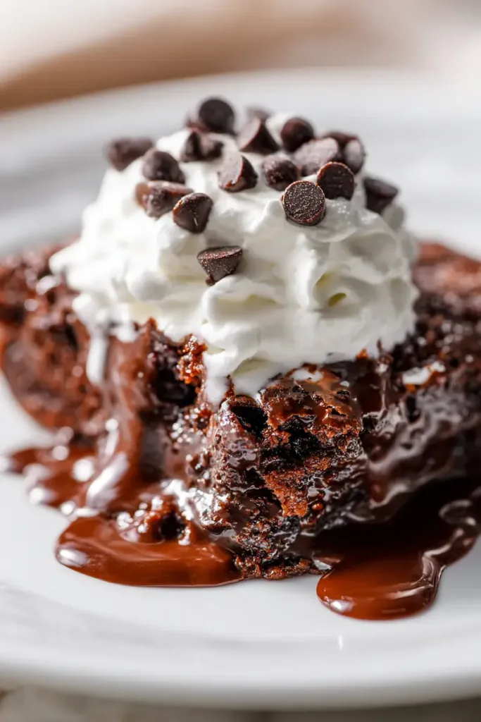A close-up of a warm slice of Chocolate Bliss Dump Cake with melting chocolate chips and whipped cream on top.