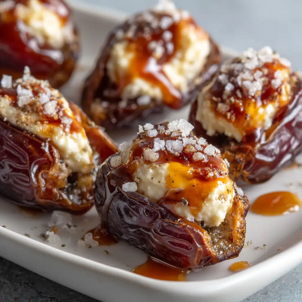 Mascarpone Stuffed Dates with Maple Drizzle — A Fancy Snack on a Student Budget! 2 Close-up of mascarpone stuffed dates with maple drizzle and sea salt on a small white plate.