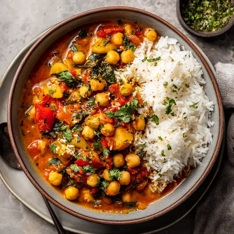 Colorful chickpea curry in a bowl with rice beside it.