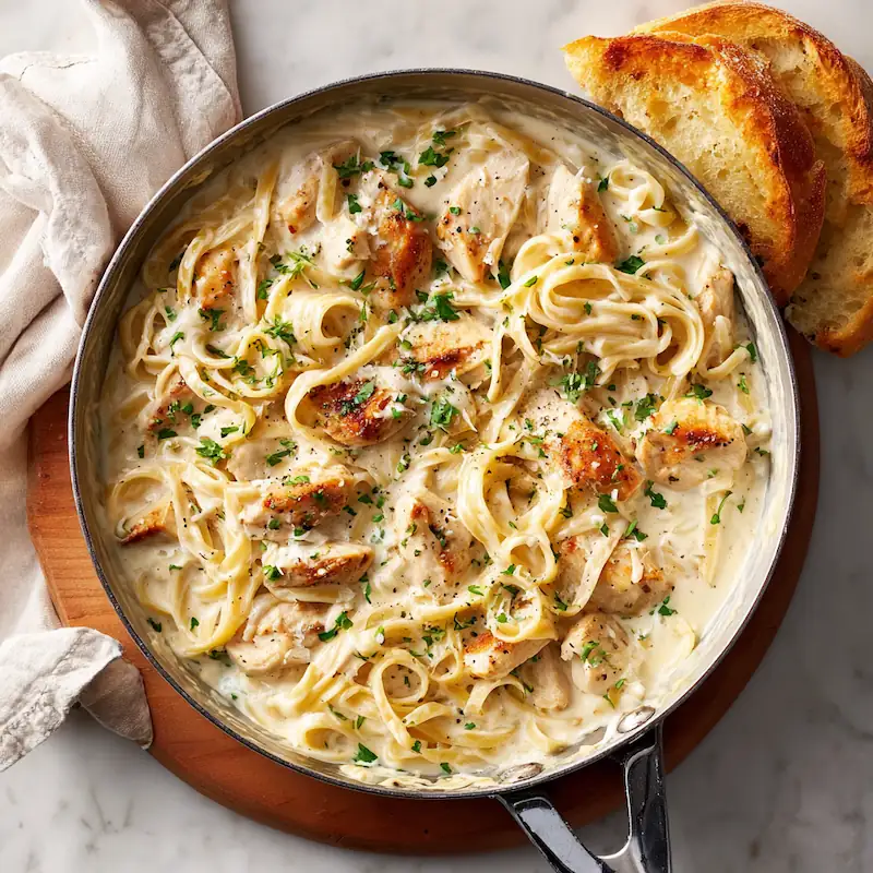 One-Pan Chicken Recipes You Can Make in 30 Minutes or Less (Perfect for Students!) 3 Creamy one-pan chicken alfredo with fettuccine and parmesan in a skillet.