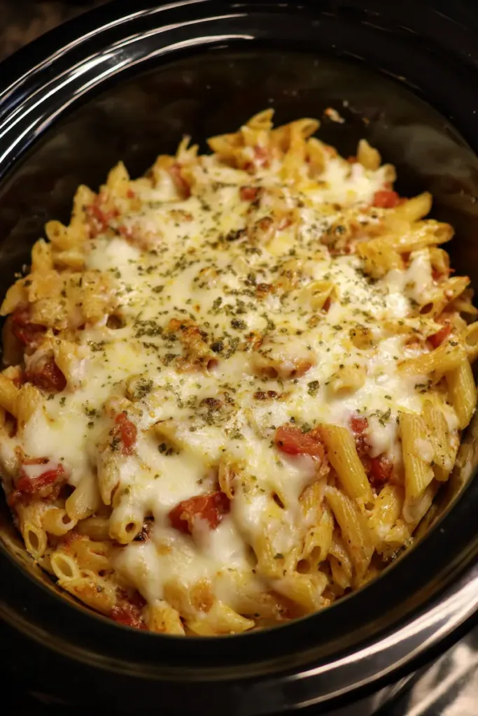 Crockpot tomato basil pasta with melted cheese on top.