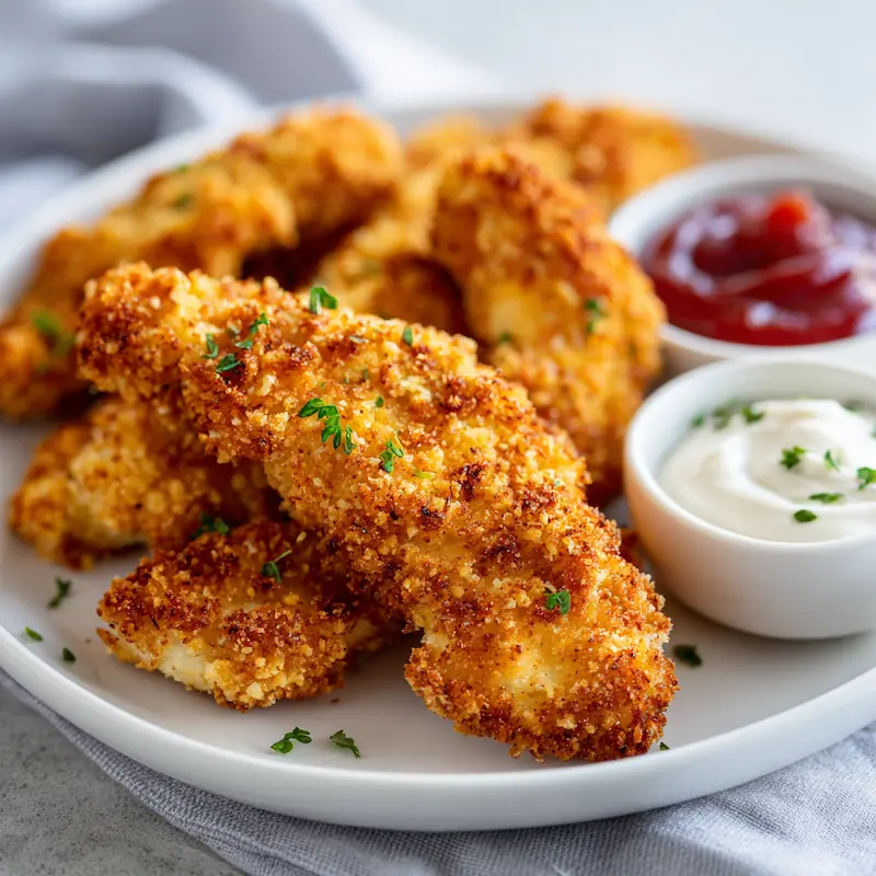 Golden, crunchy air fryer chicken tenders on a dorm plate with ketchup.