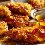 Baked Crunchy Hot Honey Chicken Close-up of crispy baked crunchy hot honey chicken drizzled with hot honey on a parchment-lined tray