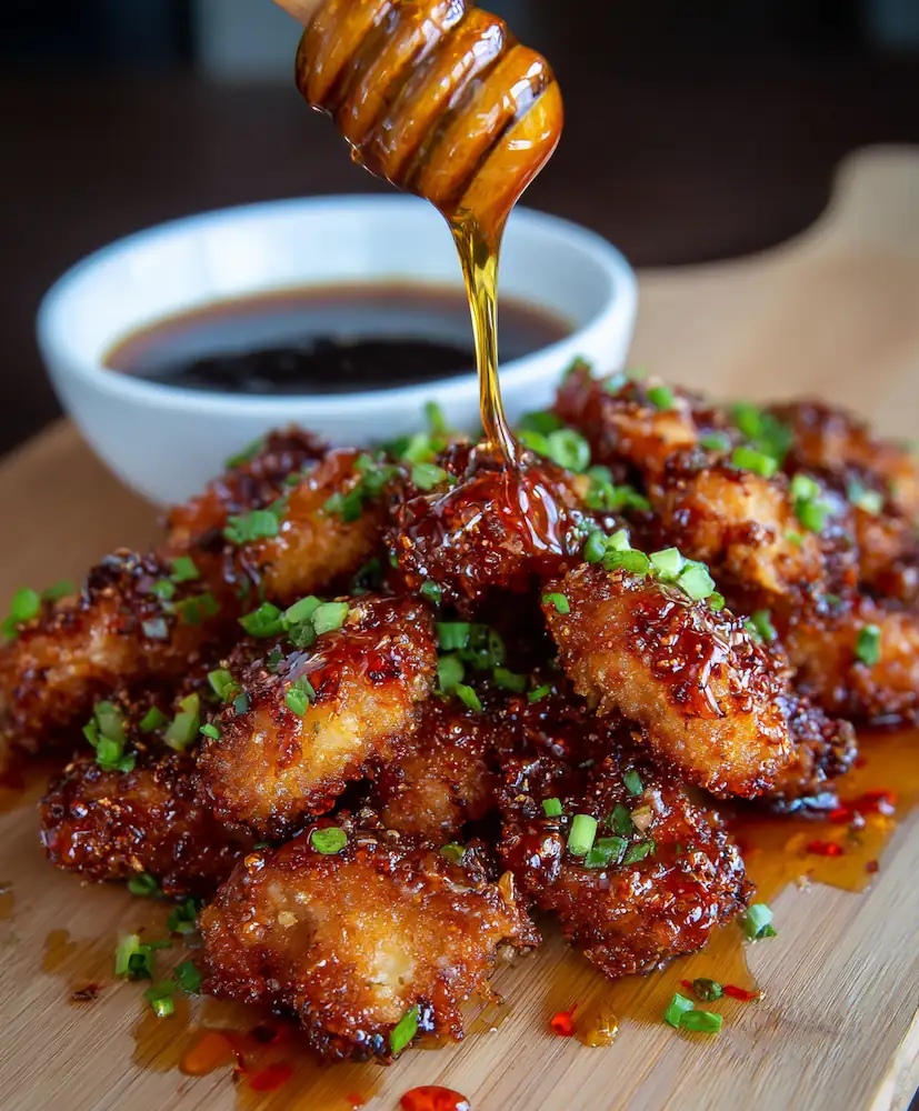 Crispy oven-baked crunchy hot honey chicken drizzled with sticky hot honey sauce.