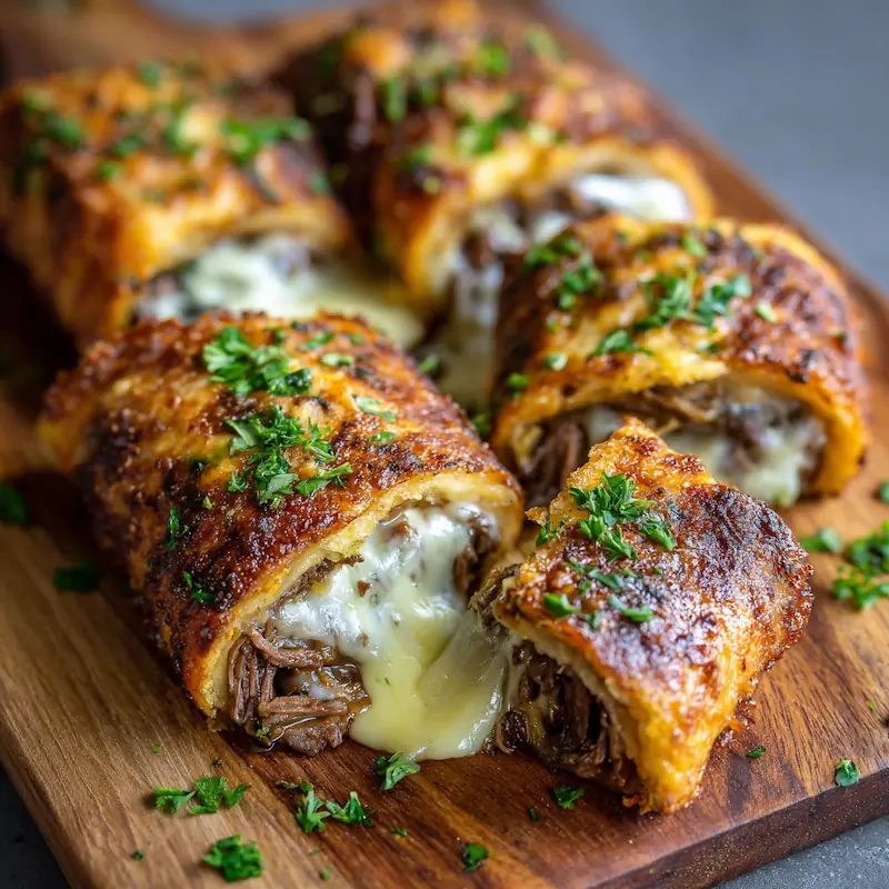 🥩 Easy Keto Philly Cheesesteak Rolls (Low-Carb, Cheesy & Budget-Friendly!) 3 Crispy keto Philly cheesesteak roll sliced open showing melted cheese and beef filling
