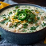 Creamy Crockpot White Chicken Chili in a ceramic bowl topped with cilantro and jalapeños on a rustic wooden table