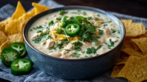 Creamy Crockpot White Chicken Chili in a ceramic bowl topped with cilantro and jalapeños on a rustic wooden table