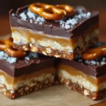 Caramel Pretzel Crack Bars stacked on parchment paper, showing layers of melted chocolate, golden caramel, and crunchy salted pretzels.