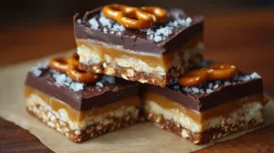 Caramel Pretzel Crack Bars stacked on parchment paper, showing layers of melted chocolate, golden caramel, and crunchy salted pretzels.