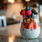 Easy chia seed pudding in a glass jar with berries and granola on a student kitchen table – healthy budget breakfast recipe.