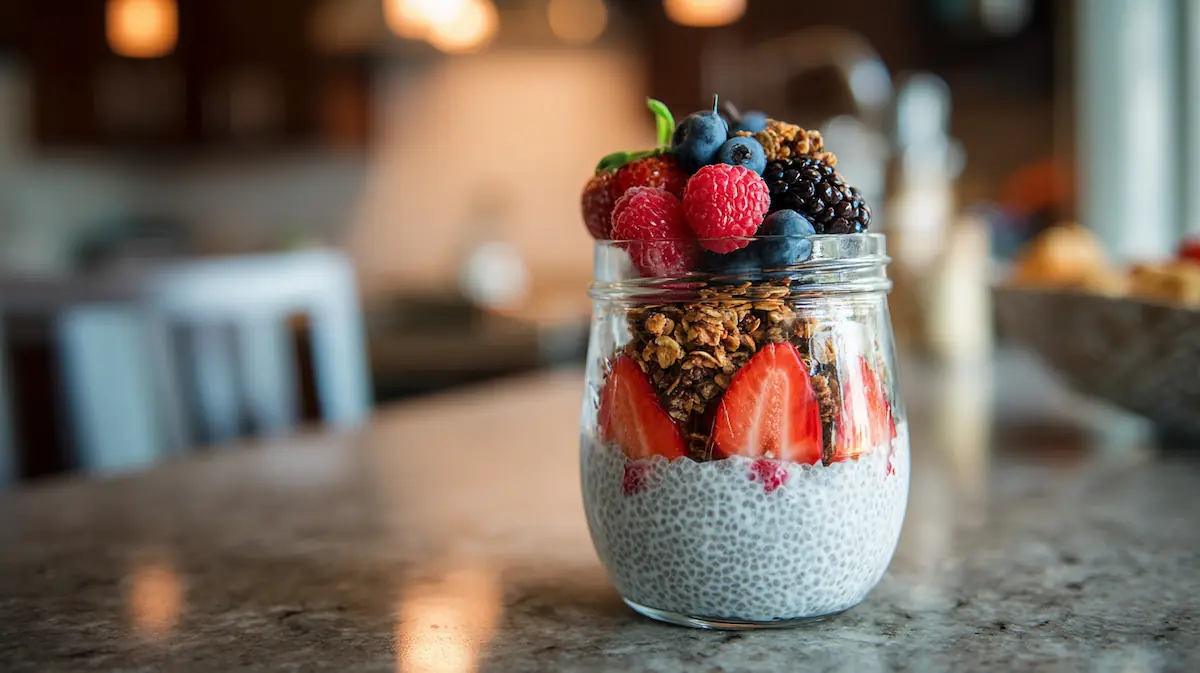 Easy chia seed pudding in a glass jar with berries and granola on a student kitchen table – healthy budget breakfast recipe.