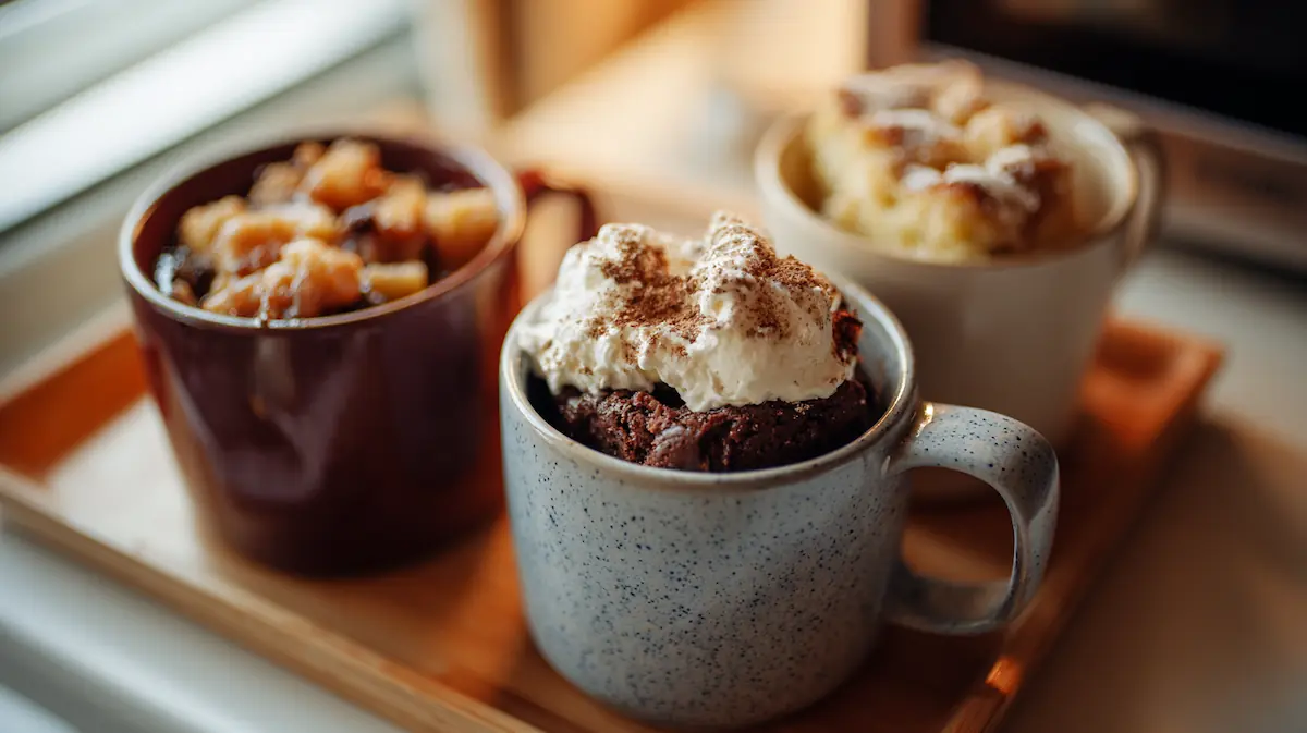 Cheap Desserts for College Students (Fast, Easy & Budget-Friendly) 2 A close-up of apple crisp in a mug, chocolate mug cake, and bread pudding mug dessert on a small dorm table with soft warm lighting.