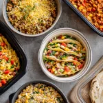 Easy recipes for beginners with few ingredients—student-friendly bowls of pasta, tacos, fried rice, overnight oats, quesadilla, and teriyaki chicken arranged around dorm appliances