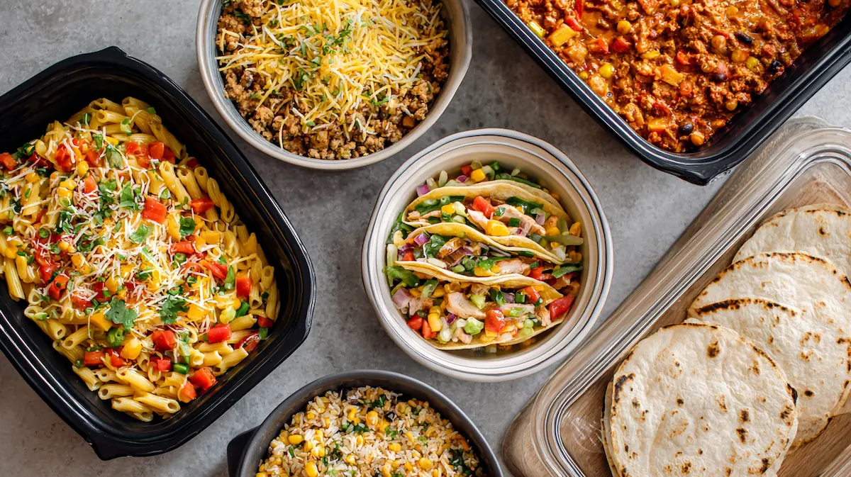 Easy Recipes for Beginners with Few Ingredients (Student-Approved & Budget-Friendly) 1 Easy recipes for beginners with few ingredients—student-friendly bowls of pasta, tacos, fried rice, overnight oats, quesadilla, and teriyaki chicken arranged around dorm appliances