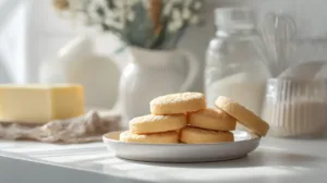 Golden buttery shortbread cookies on a white kitchen counter with soft natural light — easy shortbread cookies recipe