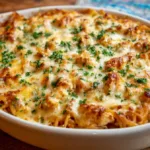 creamy spicy southern cheesy chicken spaghetti casserole baked with melted cheese and tender chicken