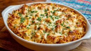 creamy spicy southern cheesy chicken spaghetti casserole baked with melted cheese and tender chicken