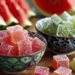 Easy Watermelon Rind Candy Recipe (Cheap, Zero-Waste & Perfect for Students!) Homemade watermelon rind candy displayed in bowls with watermelon slices in the background