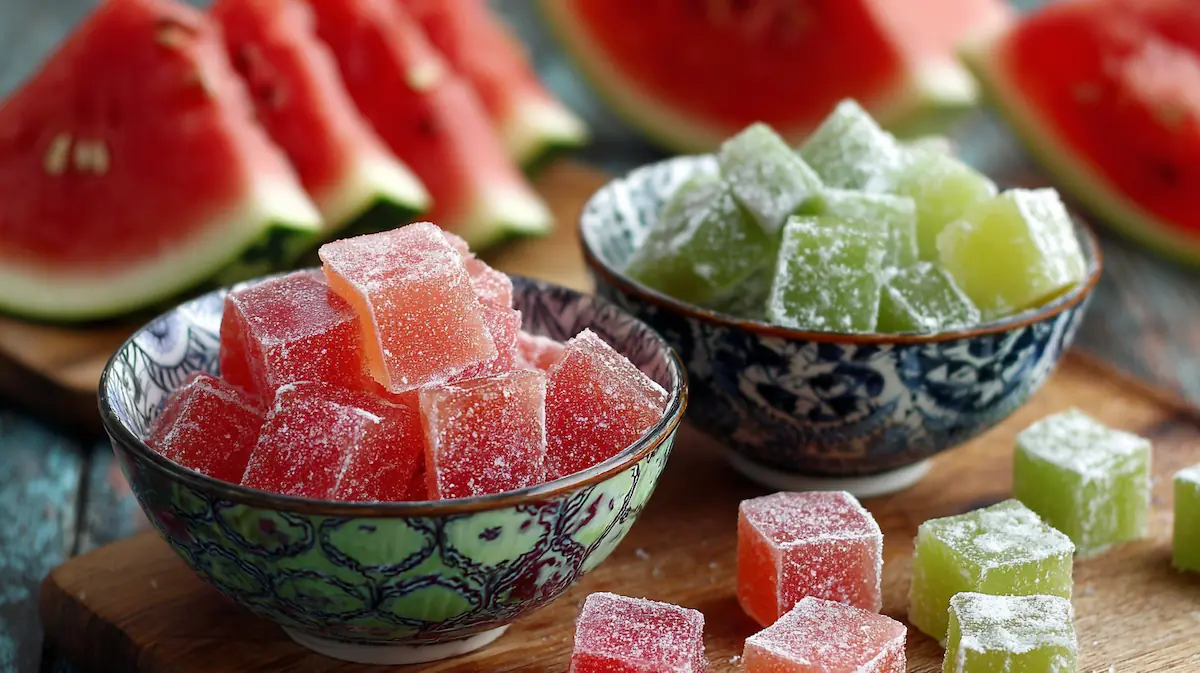 Easy Watermelon Rind Candy Recipe (Cheap, Zero-Waste & Perfect for Students!) 1 Homemade watermelon rind candy displayed in bowls with watermelon slices in the background
