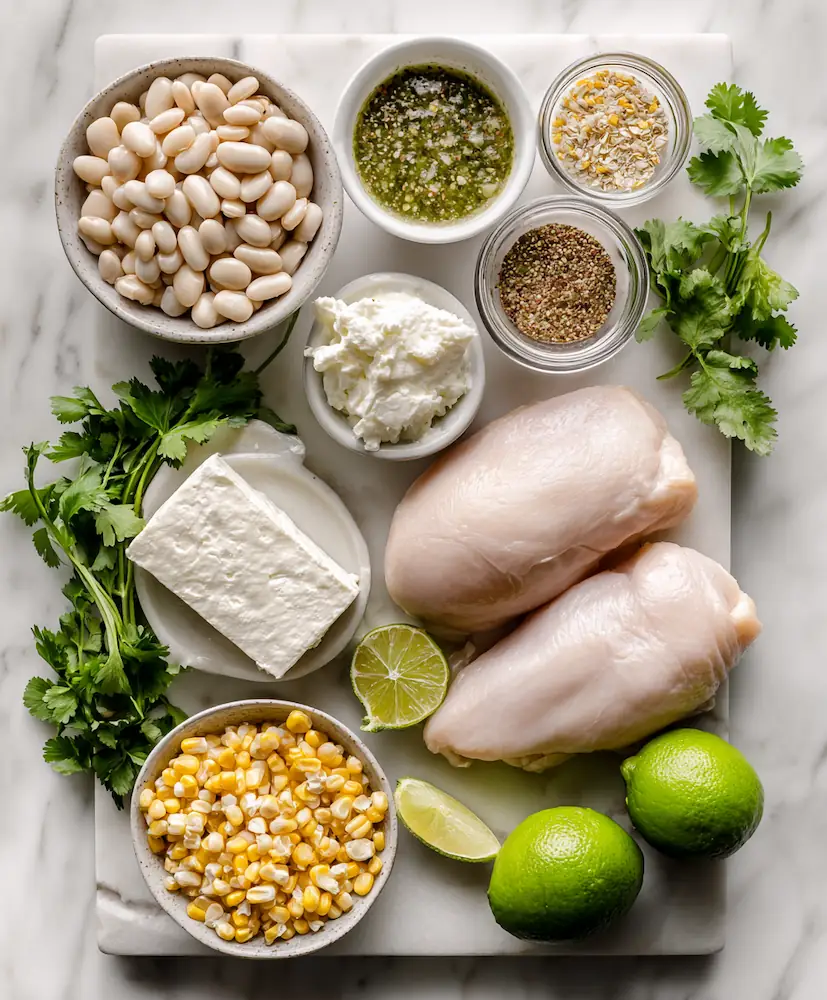 Flat lay of ingredients for Crockpot White Chicken Chili arranged on a white marble background
