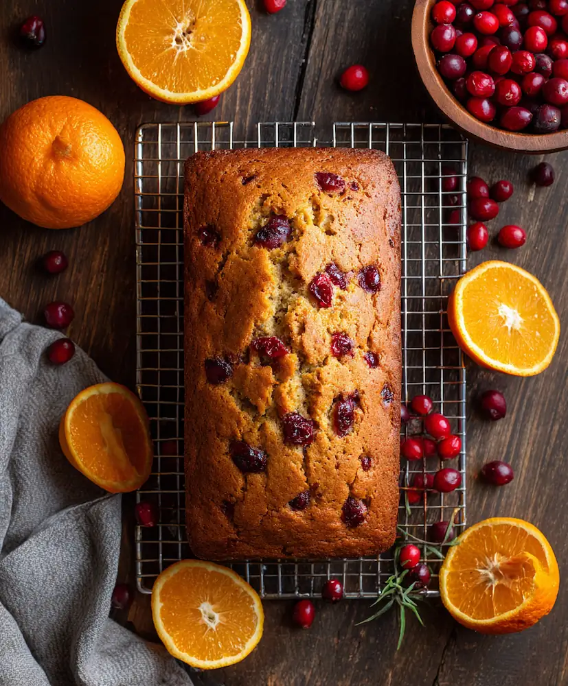 Healthy Cranberry Orange Bread (Student Budget-Friendly Recipe) 2 Freshly baked healthy cranberry orange bread loaf cooling on a rack, with sliced oranges and cranberries around it.