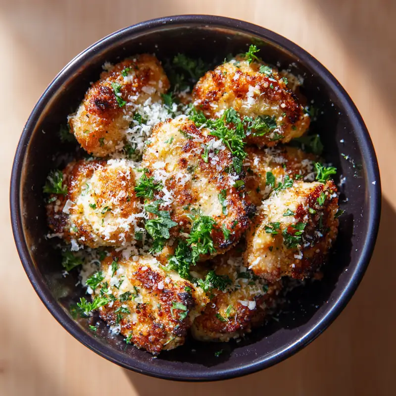 Air fryer chicken bites with grated Parmesan and parsley in a small bowl.