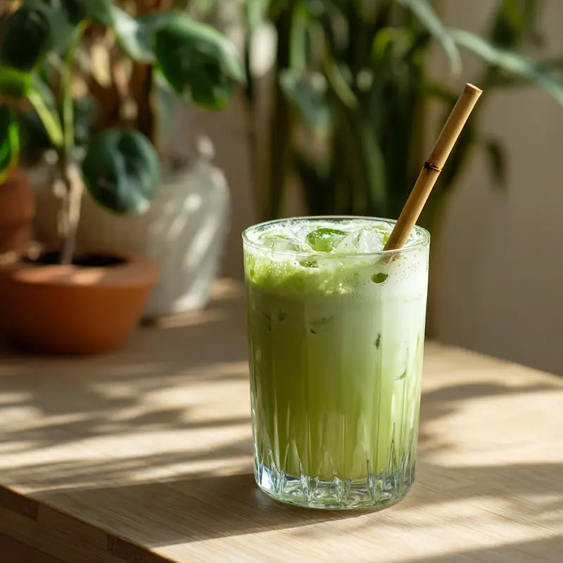Iced green matcha protein mocktail in a glass with oat milk foam