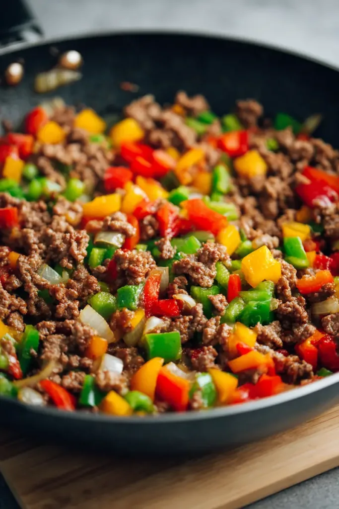 Cooking ground beef and bell peppers in a skillet for unstuffed pepper bowls.