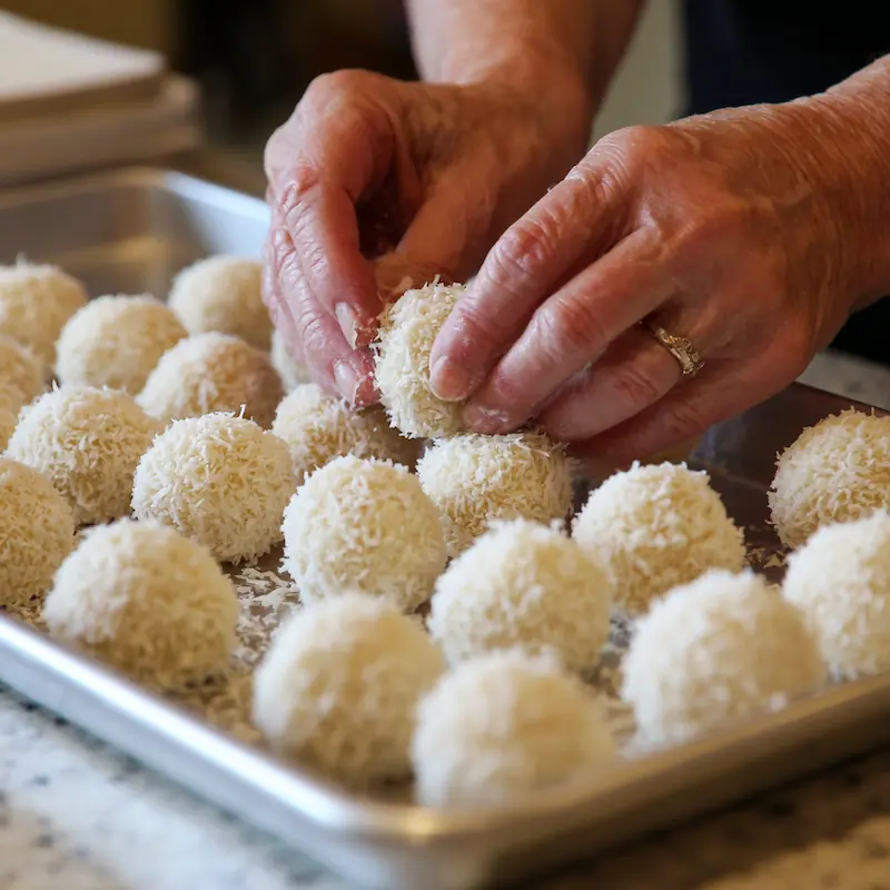 Hand rolling coconut cream balls before chilling