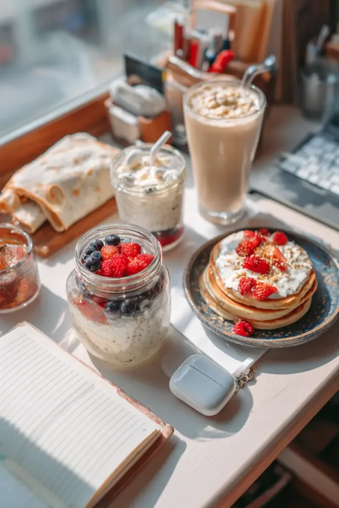 Colorful high protein low calorie breakfast ideas for students — overnight oats, yogurt parfait, pancakes, and smoothie on a dorm table