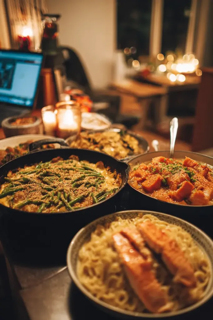Easy high protein low calorie dinners for students — one-pan chicken, curry ramen, salmon, and pasta served in a cozy college kitchen.