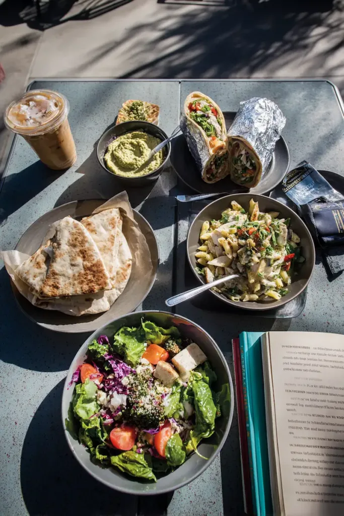 High protein low calorie lunch meals for students — turkey pita, tuna wrap, and chicken broccoli bowls on a bright dorm desk.