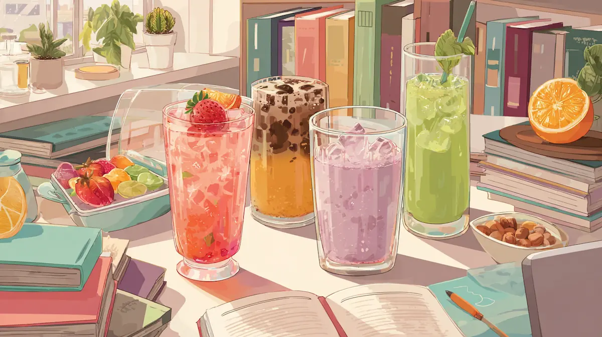 Colorful high-protein mocktails for students displayed on a dorm desk with study materials.