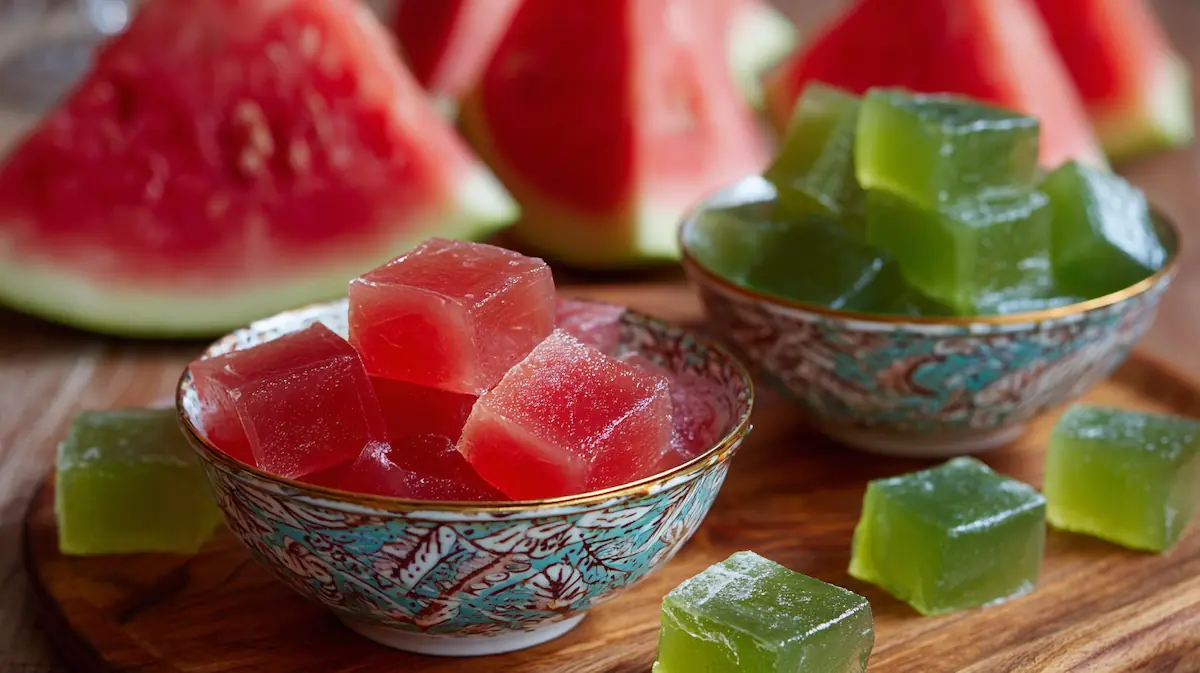 Easy Watermelon Rind Candy Recipe (Cheap, Zero-Waste & Perfect for Students!) 5 Homemade watermelon rind candy displayed in bowls with watermelon slices in the background