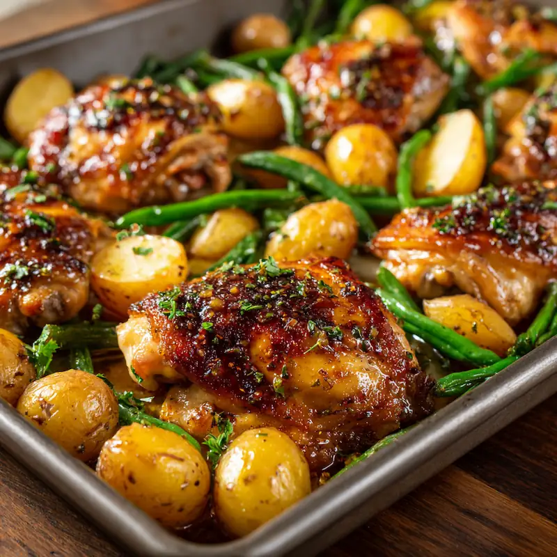 One-Pan Chicken Recipes You Can Make in 30 Minutes or Less (Perfect for Students!) 5 Honey mustard chicken with crispy potatoes and green beans on a sheet pan.