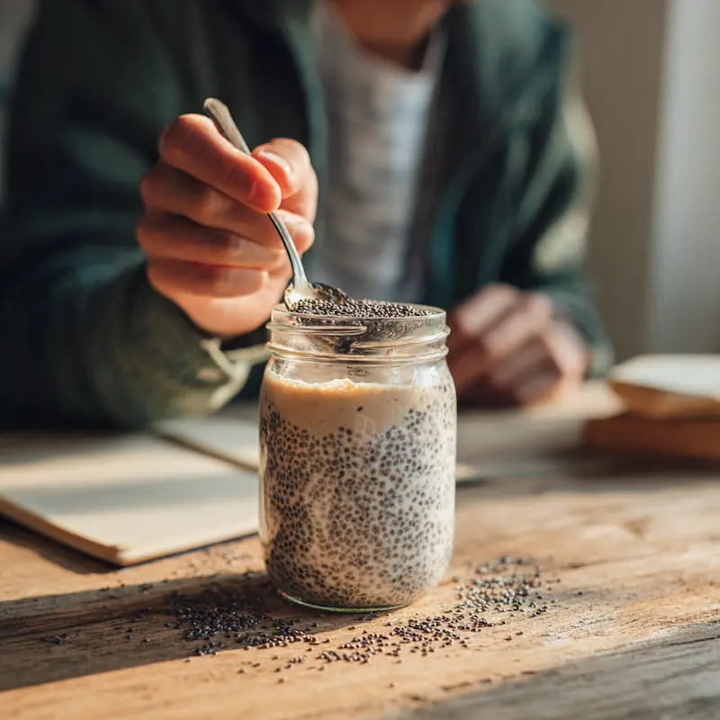 Student stirring chia seeds and almond milk in a jar to make easy overnight chia seed pudding
