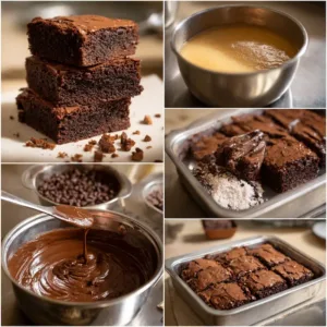 Collage showing how to make easy fudgy brookies from simple ingredients in a student kitchen.