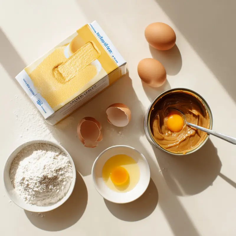 Quick Dulce de Leche Cookies (Cheap, Easy & Student-Friendly) 2 Flat-lay of ingredients for quick dulce de leche cookies, including yellow cake mix, eggs, melted butter, and a can of dulce de leche on a bright white table, photographed in a simple student-kitchen style.