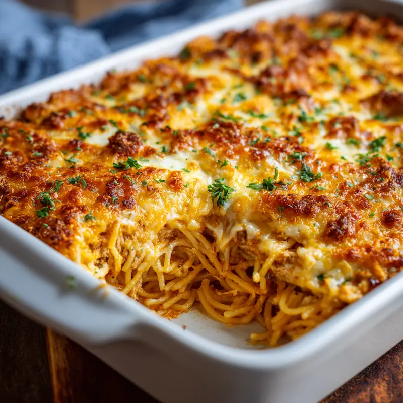Easy Spicy Southern Cheesy Chicken Spaghetti Casserole – The Ultimate Comfort Bake for Students 2 close-up of baked spicy southern cheesy chicken spaghetti casserole with melted cheese and crispy topping.