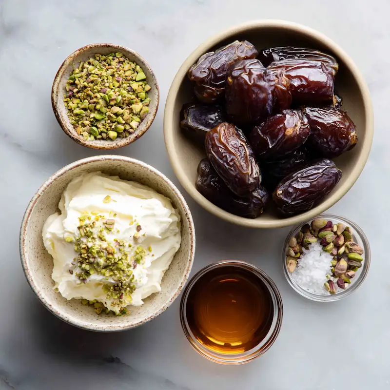 Mascarpone Stuffed Dates with Maple Drizzle — A Fancy Snack on a Student Budget! 3 Ingredients laid out Medjool dates, mascarpone in a small bowl, maple syrup, chopped pistachios, and sea salt.