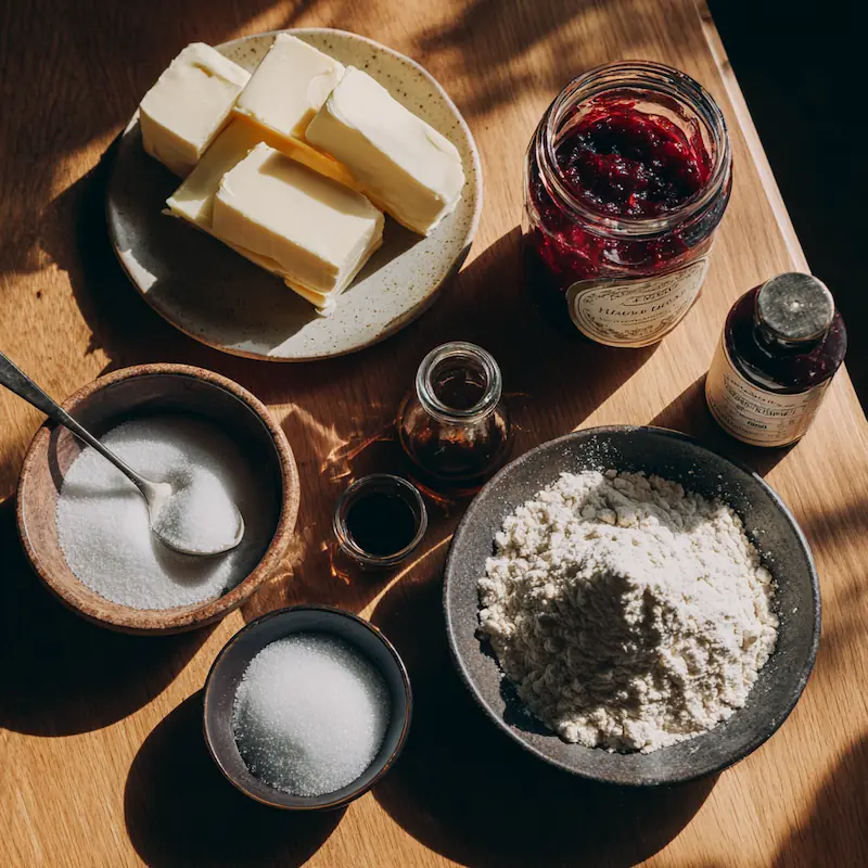 Ingredients laid out for buttery raspberry swirl shortbread cookies: butter, sugar, flour, raspberry jam, vanilla, and salt