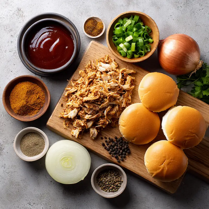 🍗 Easy BBQ Pulled Chicken Sandwiches (Cheap & Juicy Student Recipe) 2 Ingredients for BBQ pulled chicken sandwiches arranged on a kitchen counter — chicken, BBQ sauce, buns, and spices