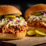 Juicy BBQ pulled chicken sandwiches with coleslaw and pickles on a wooden board, perfect easy meal for students.