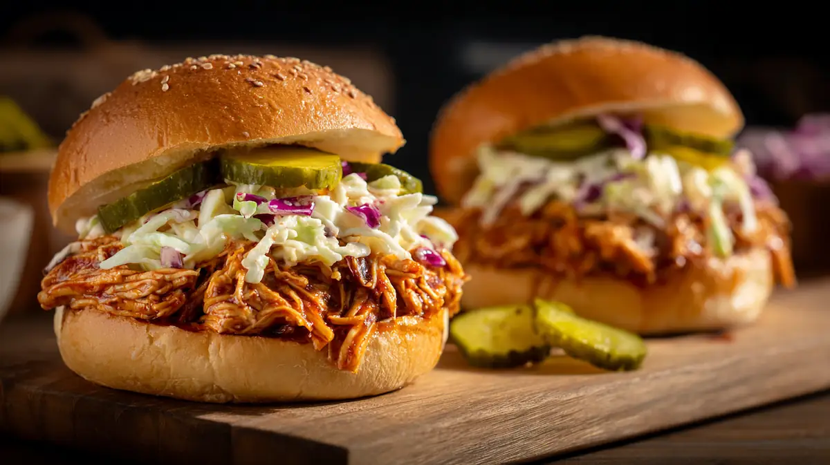 🍗 Easy BBQ Pulled Chicken Sandwiches (Cheap & Juicy Student Recipe) 1 Juicy BBQ pulled chicken sandwiches with coleslaw and pickles on a wooden board, perfect easy meal for students.