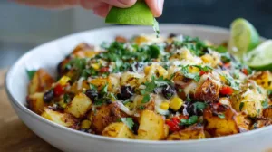Loaded potato taco bowl with black beans