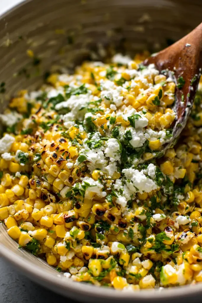 Bowl of creamy Mexican-style street corn mix with mayo, cheese, lime, and cilantro for an elote chicken bowl.